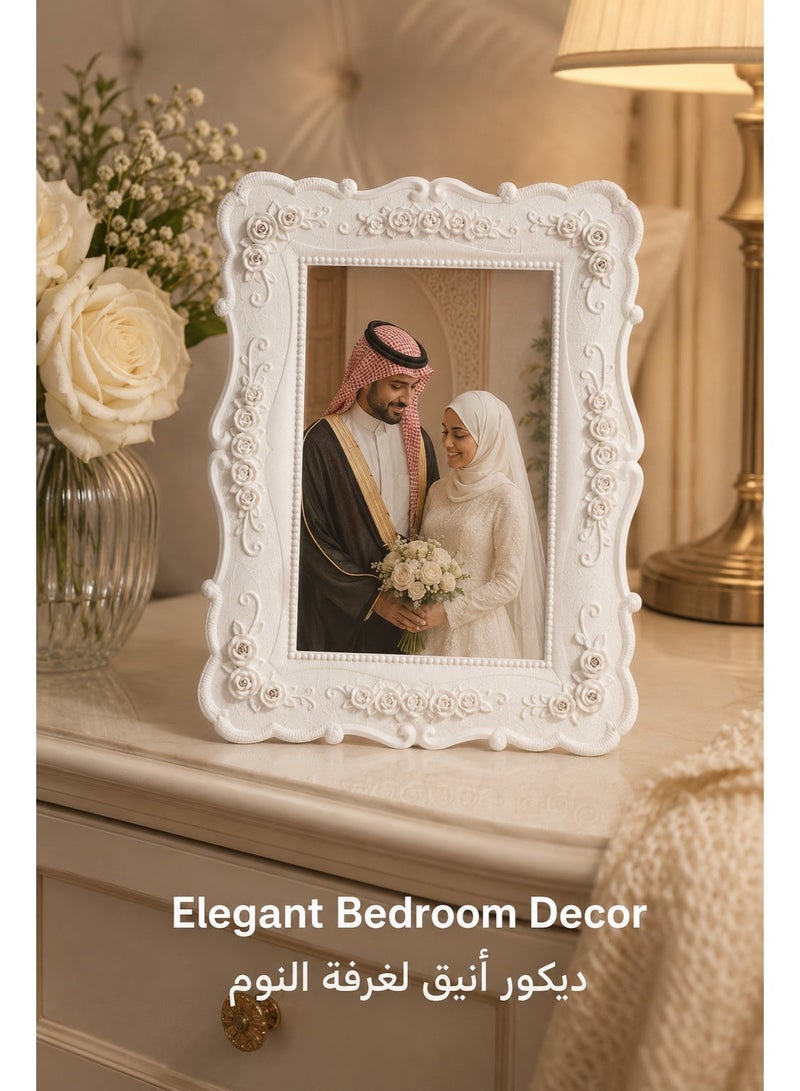 White 5x7 Picture Frame, Vintage Floral Resin Photo Frame with Glass Front, Tabletop Decorative Frame for Bedroom Living Room Home Decor, Fits 13x18cm Photos, Elegant Gift Frame - Image 2