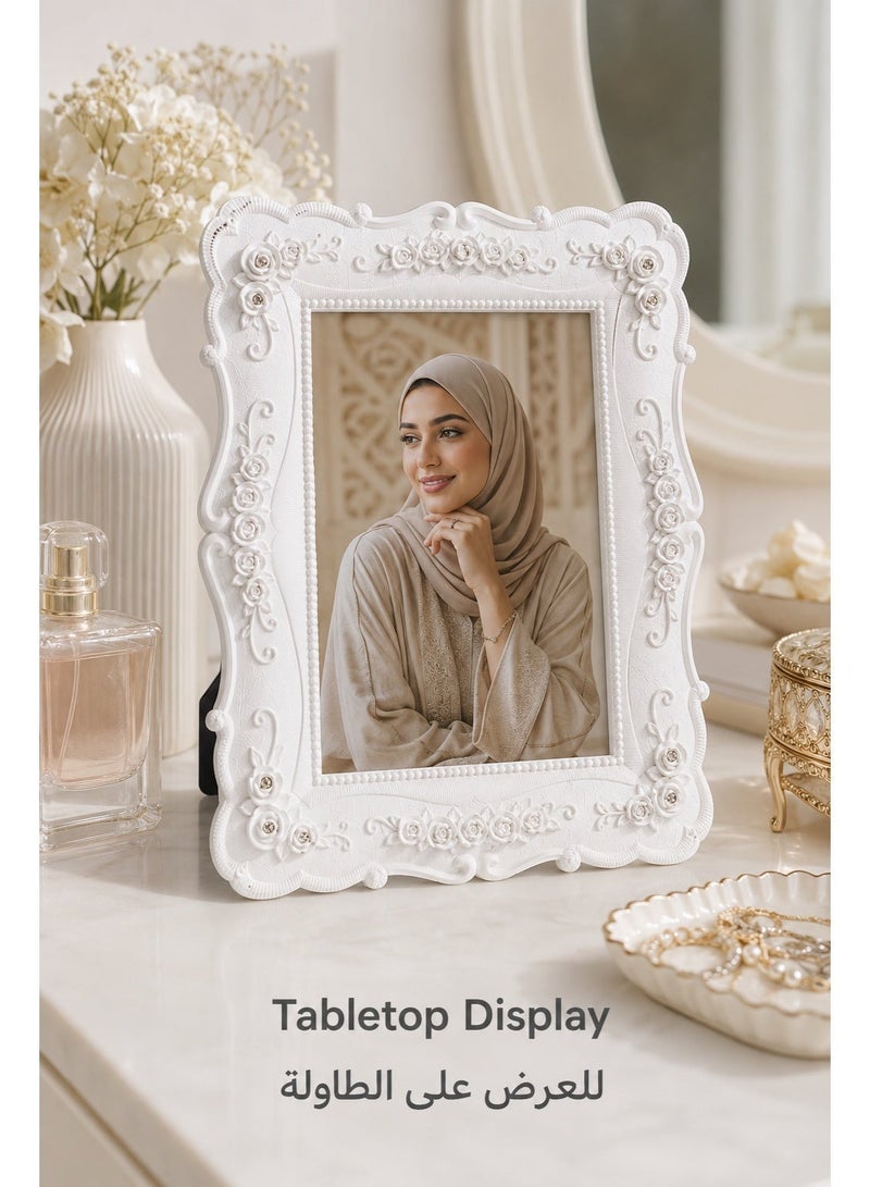 White 5x7 Picture Frame, Vintage Floral Resin Photo Frame with Glass Front, Tabletop Decorative Frame for Bedroom Living Room Home Decor, Fits 13x18cm Photos, Elegant Gift Frame - Image 5