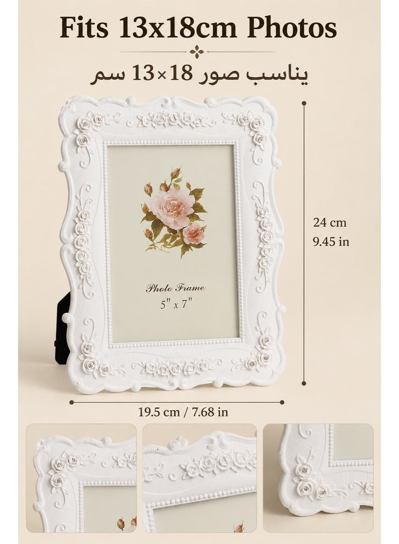 White 5x7 Picture Frame, Vintage Floral Resin Photo Frame with Glass Front, Tabletop Decorative Frame for Bedroom Living Room Home Decor, Fits 13x18cm Photos, Elegant Gift Frame - Image 4
