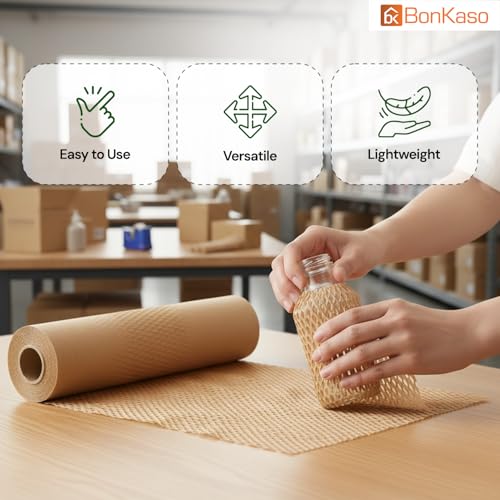 BonKaso Honeycomb Paper Wrap Roll 50M x 15 Inch | 80 GSM Eco-Friendly Brown Packaging Roll | Cushioning & Shockproof Wrap for Fragile Items | Sustainable Packing Material for Shipping - Image 3
