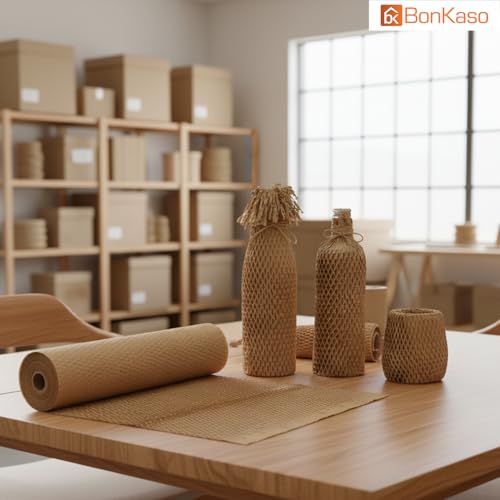 BonKaso Honeycomb Paper Wrap Roll 50M x 15 Inch | 80 GSM Eco-Friendly Brown Packaging Roll | Cushioning & Shockproof Wrap for Fragile Items | Sustainable Packing Material for Shipping - Image 4