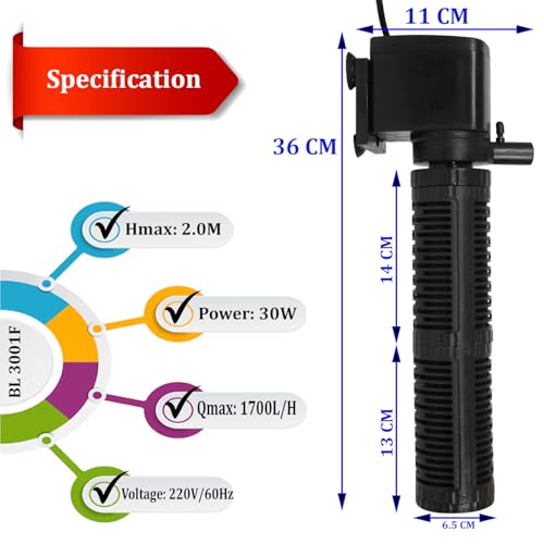 Minjiang Jainsons Pet Products Aquarium Internal Filter (BL 3001F) 220-240 V, HMAX-2M, QMAX-1700L/H, Power: 30W Best Filter for Fish Tank - Image 3