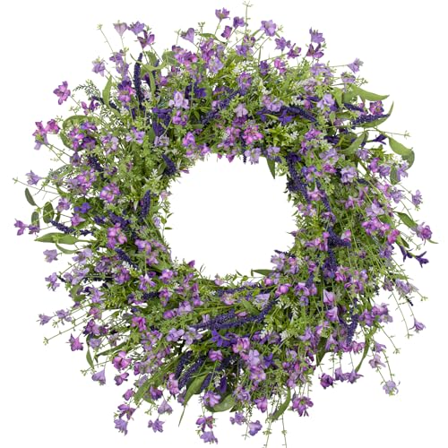 LLZLL Purple Spring Wreaths for Front Door 22 Inch Summer Wreath Artificial Violet Lavender Wreath with Eucalyptus Leaf for Spring Easter Home Decorations - Image 1