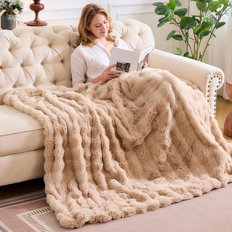 Lotus Karen Lotus Karen Faux Fur Blanket Khaki Twin Size - Big Bubble Rabbit Fluff Blanket for Couch  Small Fluffy Fuzzy Cozy Blanket  Thick Furry Plush Shaggy Blankets  60x80 Inches  - Image 2