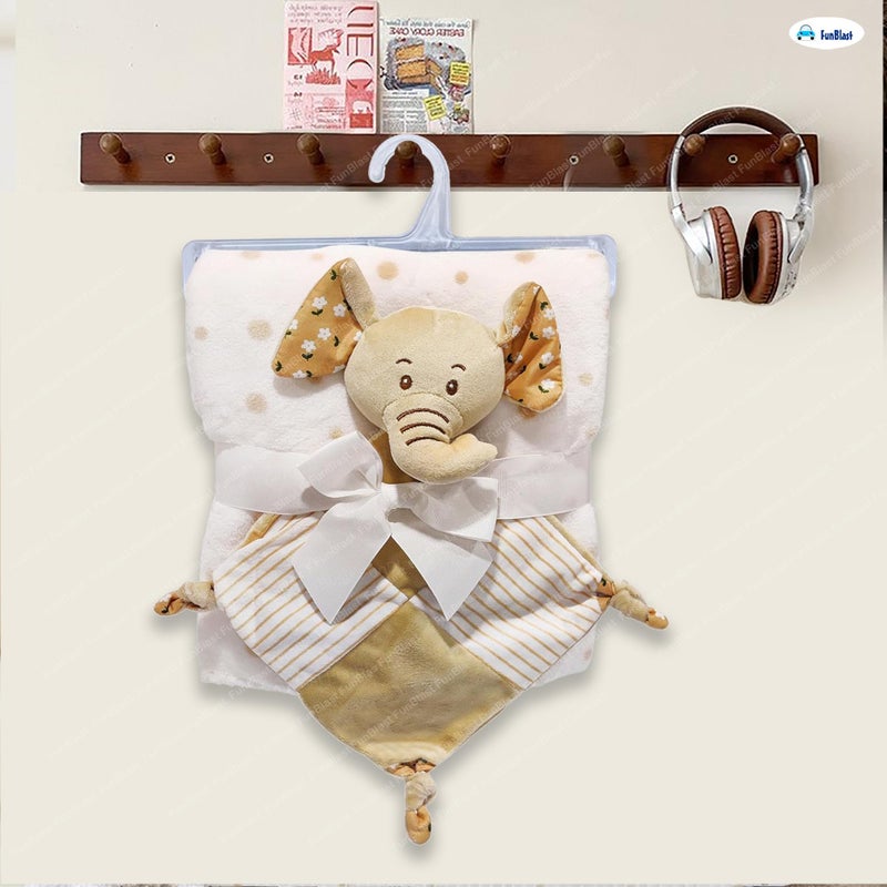 FunBlast Baby Wrap Blanket (90 cm x 74 cm) with Soft Elephant Hanky Rattle - Ultra-Soft, Cozy & Breathable Newborn Swaddle for Boys & Girls, Blanket Gift Set for Infants, 0+ Years (Light Brown) - Image 5