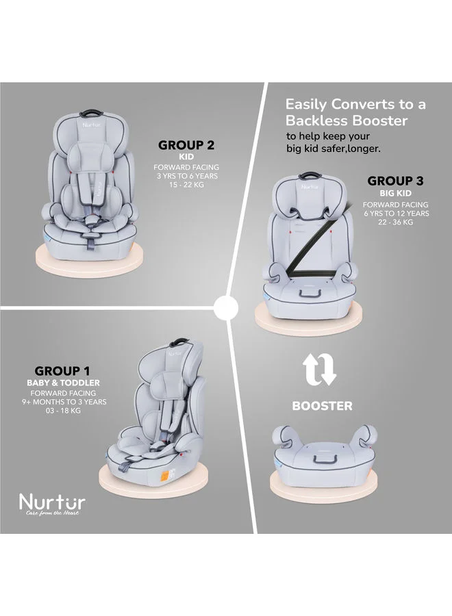 Nurtur Ragnar BabyKids 3in1 Car Seat Booster Seat Adjustable Headrest Extra Protection 5Point Safety Harness 9 months to 12 years Upto 36kg Official Product