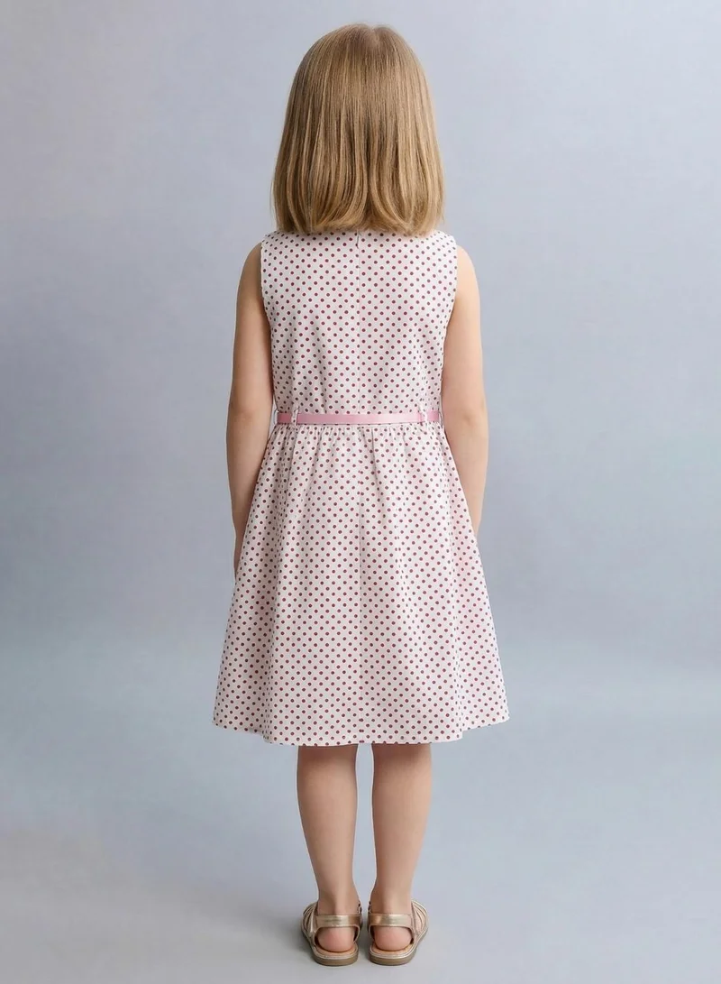 بيبي كلو Girls White Polka Dot Sleeveless Summer Dress Pink Belt