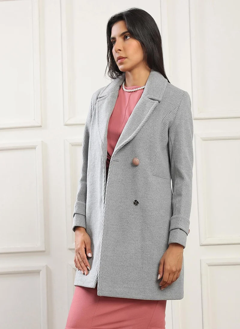 Globus Globus Women Blue Notched Lapel Long Sleeves Striped Self Design 2 Pockets Hip Length Winterwear Overcoat