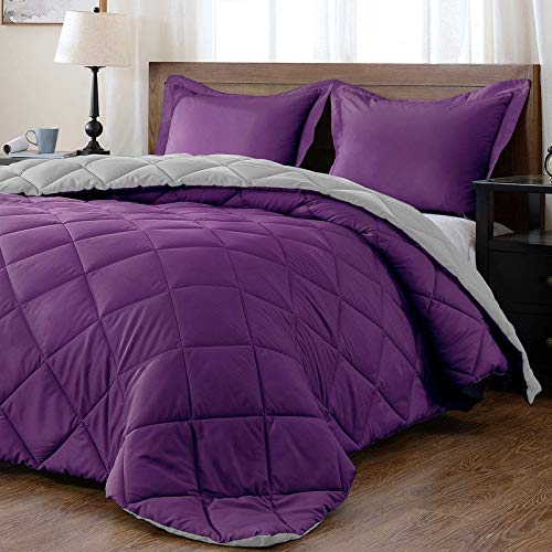 Homespun Soft Microfibre Comforter Blanket Lightweight Reversible Quilt Duvet All Weather, Single Bed, Purple and Grey Color - Image 1