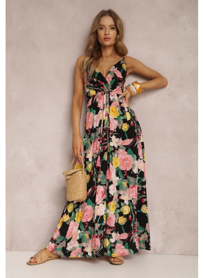 Spring And Summer New Fashion Printed Dress Strap Deep V Sleeveless Backless Long Dress For Women