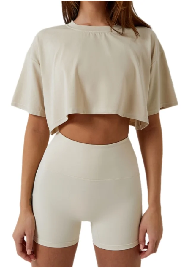 كون.يوغا KAWN YOGA Womens Loose Fit Crop Top Shirt Short Sleeves