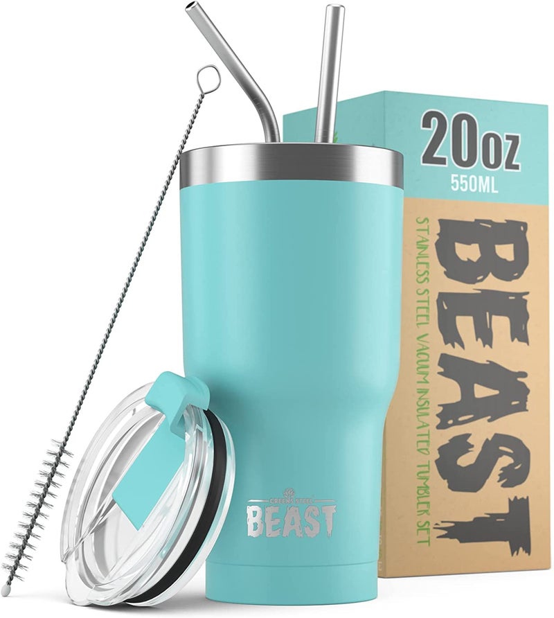 Greens Steel Beast 20 oz Tumbler Stainless Steel Vacuum Insulated coffee Ice cup Double Wall Travel Flask (Aquamarine Blue) 