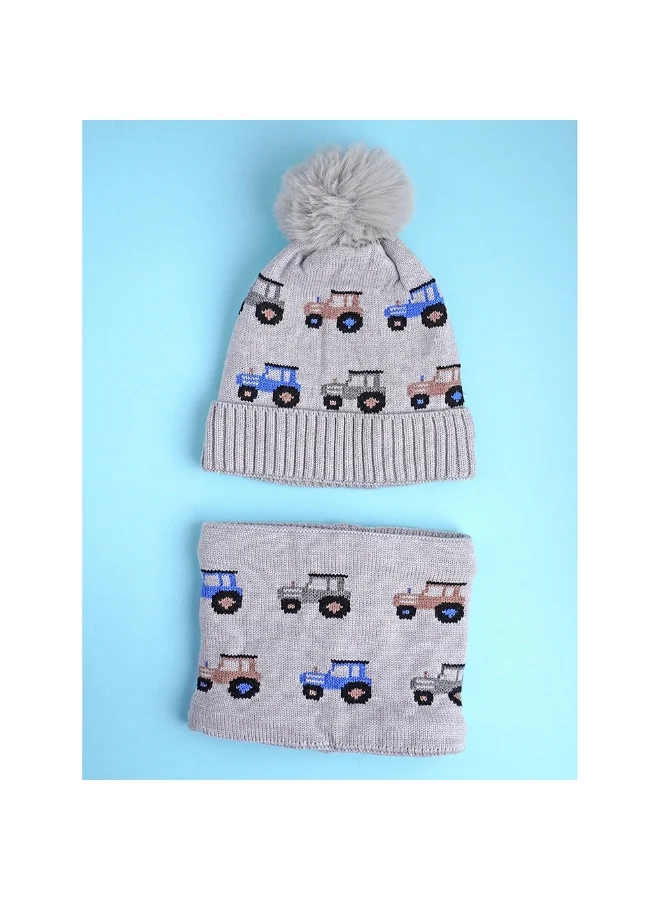 LITTLE SURPRISE BOX 2Pcs Grey Cars Themed Beanie Winter Cap With Matching Neck Cuff Style Muffler For Kids