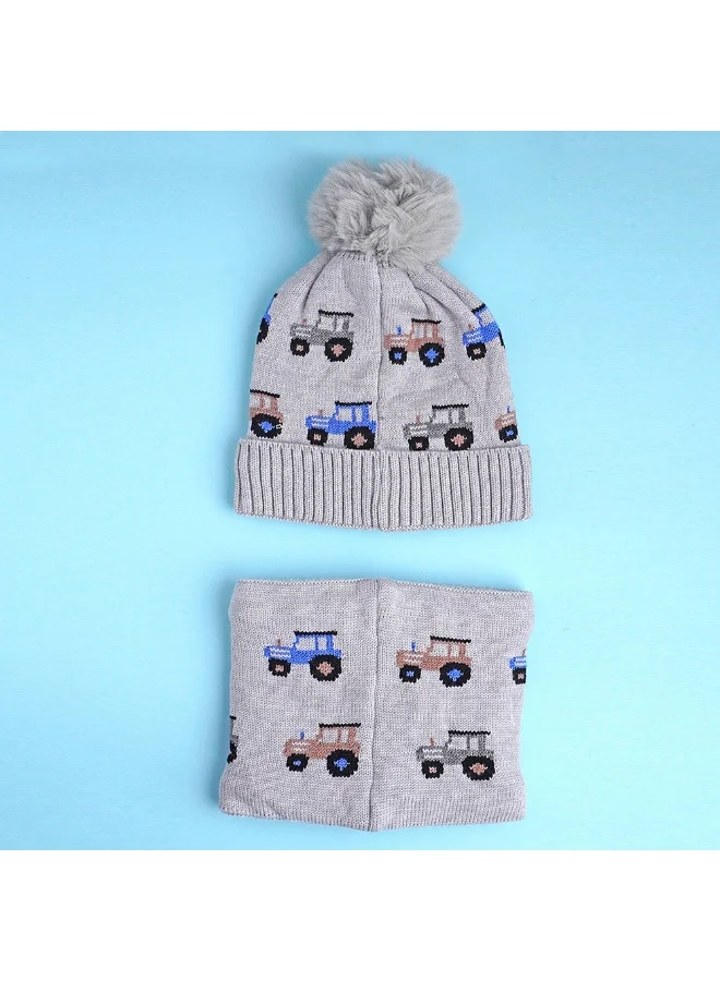LITTLE SURPRISE BOX 2Pcs Grey Cars Themed Beanie Winter Cap With Matching Neck Cuff Style Muffler For Kids