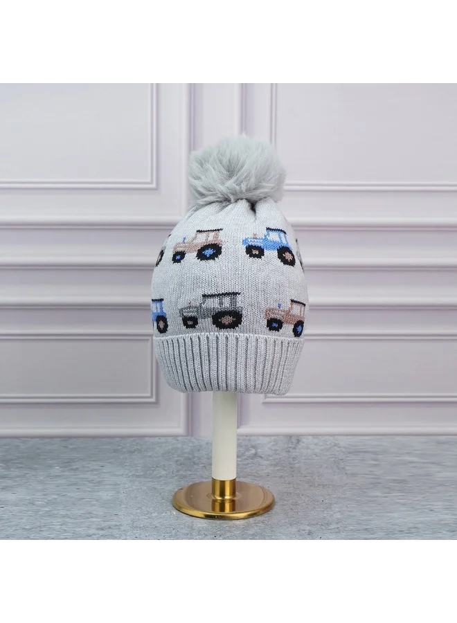 LITTLE SURPRISE BOX 2Pcs Grey Cars Themed Beanie Winter Cap With Matching Neck Cuff Style Muffler For Kids