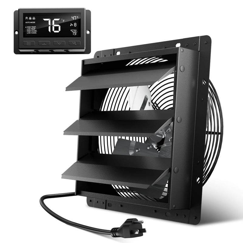 Hon&Guan Shutter Exhaust Fan, 12-Inch Wall Mount Attic Fan with Temperature Humidity Controller, 10-Speed Adjustable, 971 CFM, for Ventilation and Cooling in Greenhouses, Garages, Chicken Coops - Image 1