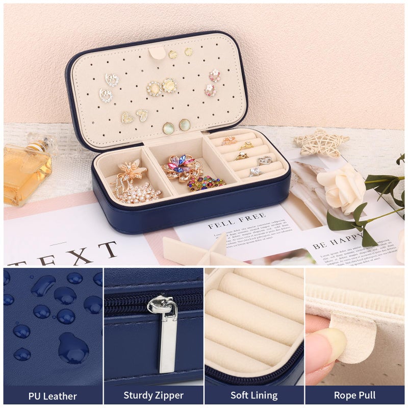 DesignSter Travel Jewelry Box, PU Leather Portable Jewelry Case, Small Jewelry Boxes for Gifts, Travel Jewelry Organizer for Women Rings Earrings Necklaces Bracelets (Dark Blue) - Image 4