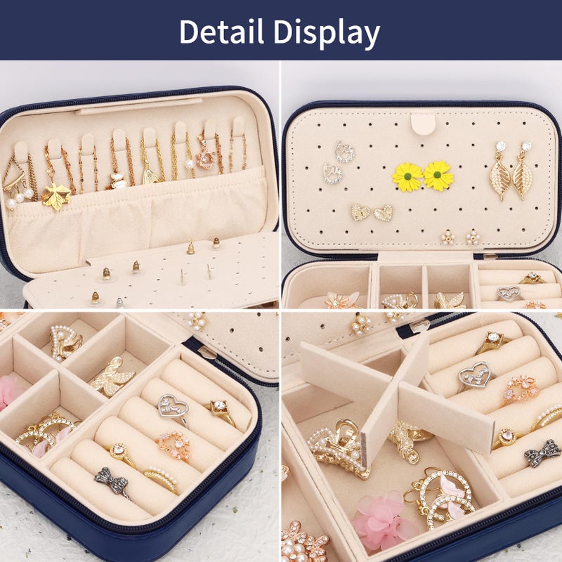 DesignSter Travel Jewelry Box, PU Leather Portable Jewelry Case, Small Jewelry Boxes for Gifts, Travel Jewelry Organizer for Women Rings Earrings Necklaces Bracelets (Dark Blue) - Image 3