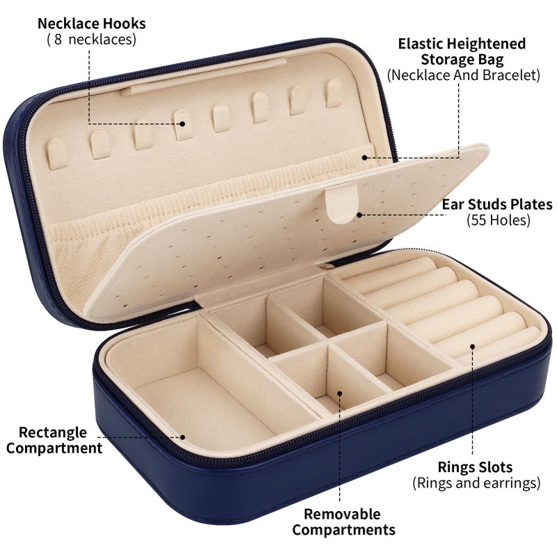 DesignSter Travel Jewelry Box, PU Leather Portable Jewelry Case, Small Jewelry Boxes for Gifts, Travel Jewelry Organizer for Women Rings Earrings Necklaces Bracelets (Dark Blue) - Image 2