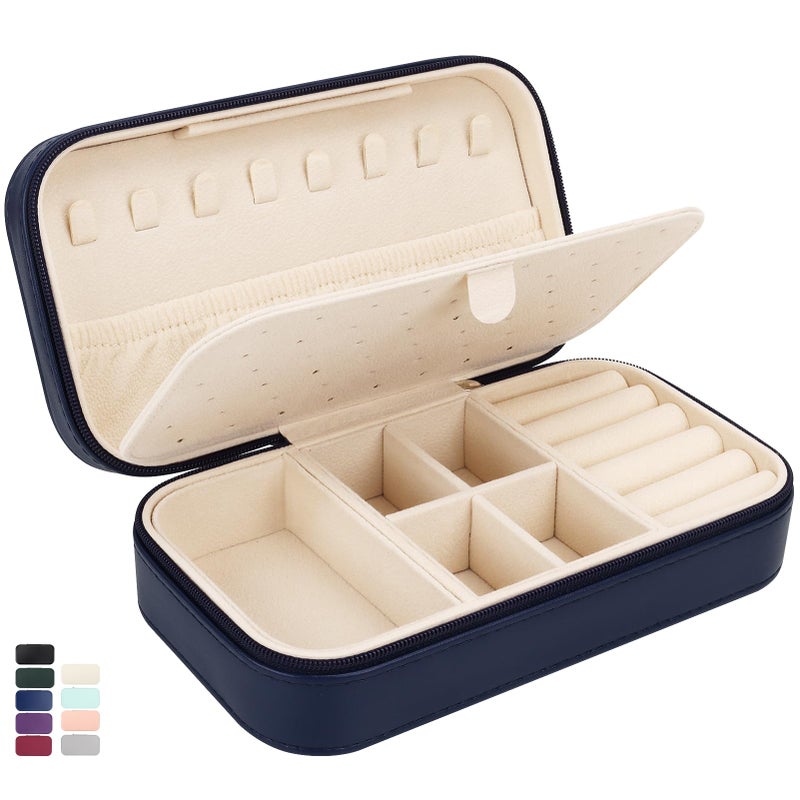 DesignSter Travel Jewelry Box, PU Leather Portable Jewelry Case, Small Jewelry Boxes for Gifts, Travel Jewelry Organizer for Women Rings Earrings Necklaces Bracelets (Dark Blue) - Image 1
