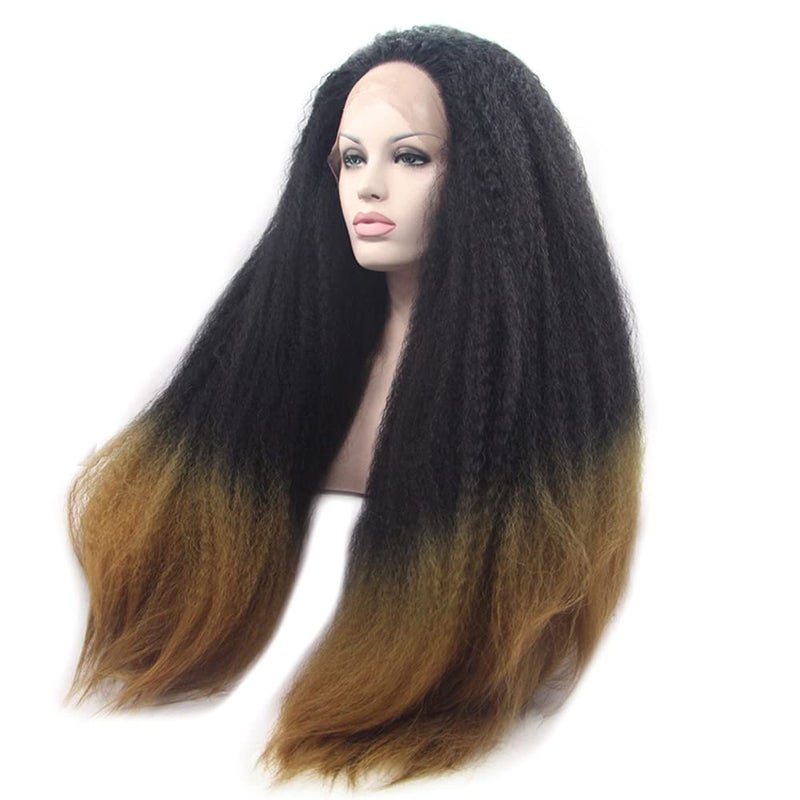 Sylvia 24 Inch Dark to Brown Kinky Synthetic Lace Front Wigs Yellow Root 260 Density Half Hand Tied Ombre Yellow Curly Wave Synthetic Wigs Heat Resistant Hair Replacement Wigs for Women