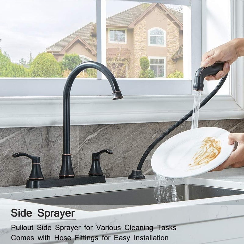 VALISY 3 Hole or 4 Hole 2 Handle Kitchen Faucet with Side Sprayer, Commercial Lead-Free Oil Rubbed Bronze Kitchen Sink Faucets for Rv Sinks with High-Arc Spout & Side Sprayer, VADR0004H - Image 3