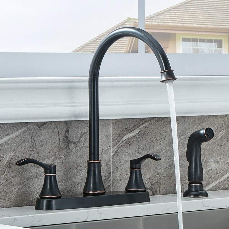 VALISY 3 Hole or 4 Hole 2 Handle Kitchen Faucet with Side Sprayer, Commercial Lead-Free Oil Rubbed Bronze Kitchen Sink Faucets for Rv Sinks with High-Arc Spout & Side Sprayer, VADR0004H - Image 1