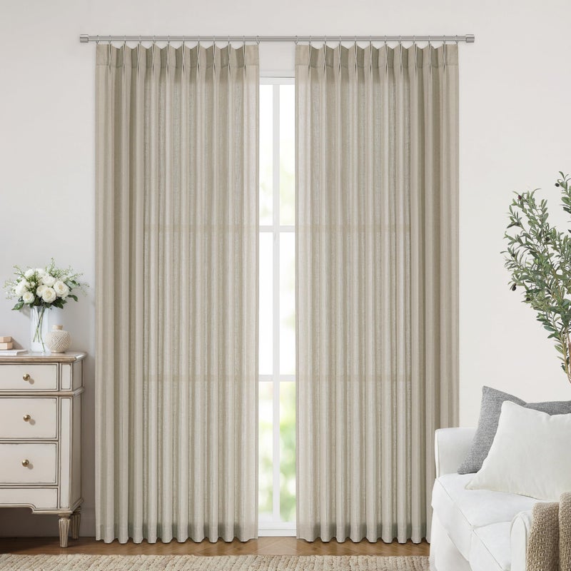 Vision Home Sand Pinch Pleated Semi Sheer Curtains Textured Linen Blended Light Filtering Window Curtains 90 inch for Living Room Bedroom Patio Pinch Pleat Drapes with Hooks 1 Panel 60"" Wx90 L - Image 2