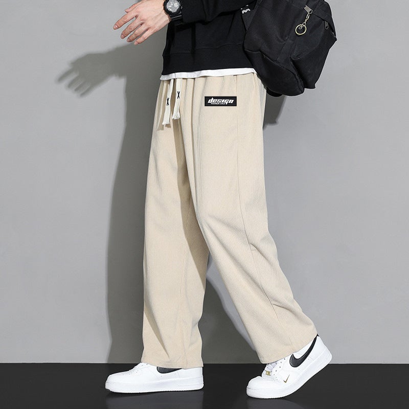 Corduroy Straight Leg Pants Mens Spring Autumn Winter Loose Drapey Sports Casual Long Trousers High Waist Belted High Elasticity khaki [printed logo]] 