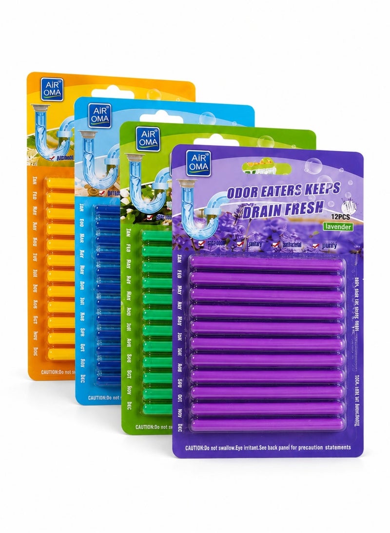 48PCS Drain Cleaner and Deodorizer Sticks, 4 Packs of 12, Slow Release Sink Drain Cleaning Sticks for Kitchen, Bathroom, Shower and Bathtub, Helps Control Odors and Buildup, Mixed Scents - Image 1