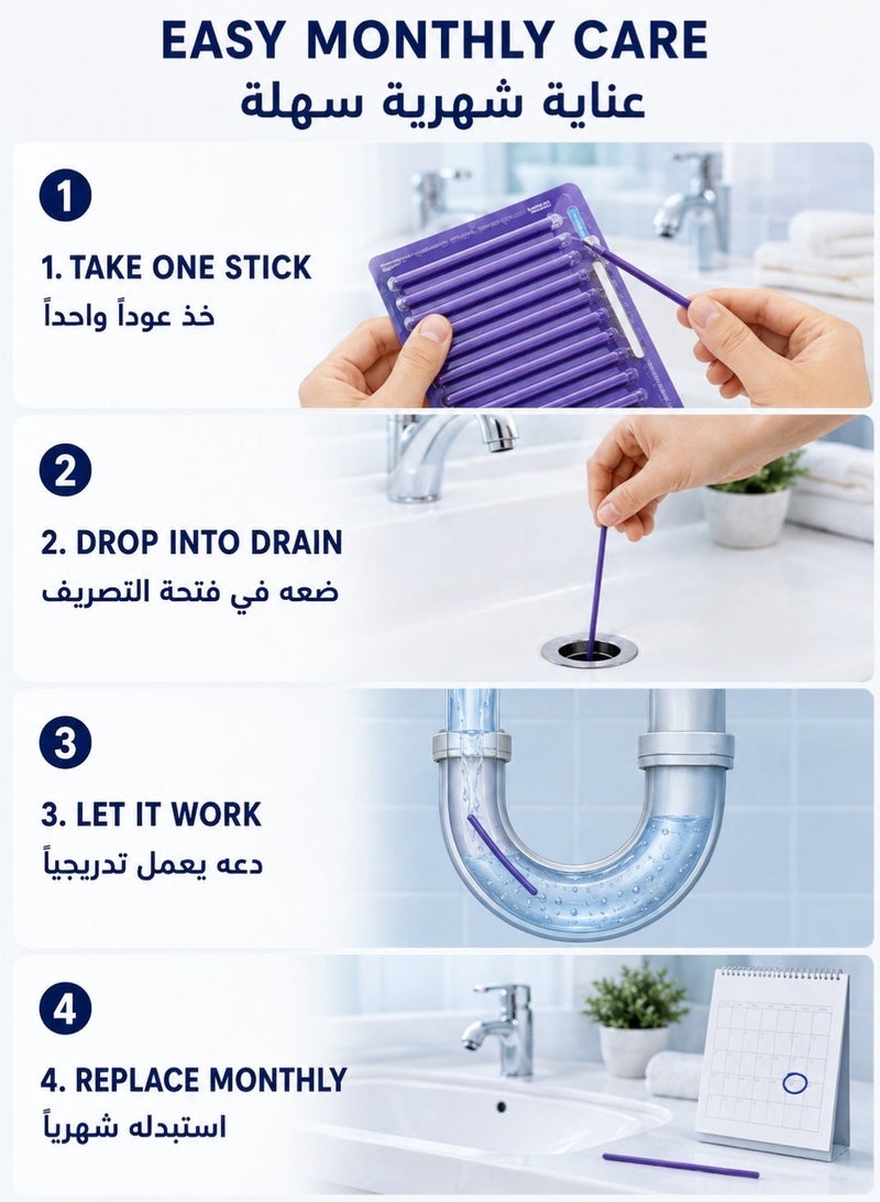 48PCS Drain Cleaner and Deodorizer Sticks, 4 Packs of 12, Slow Release Sink Drain Cleaning Sticks for Kitchen, Bathroom, Shower and Bathtub, Helps Control Odors and Buildup, Mixed Scents - Image 4