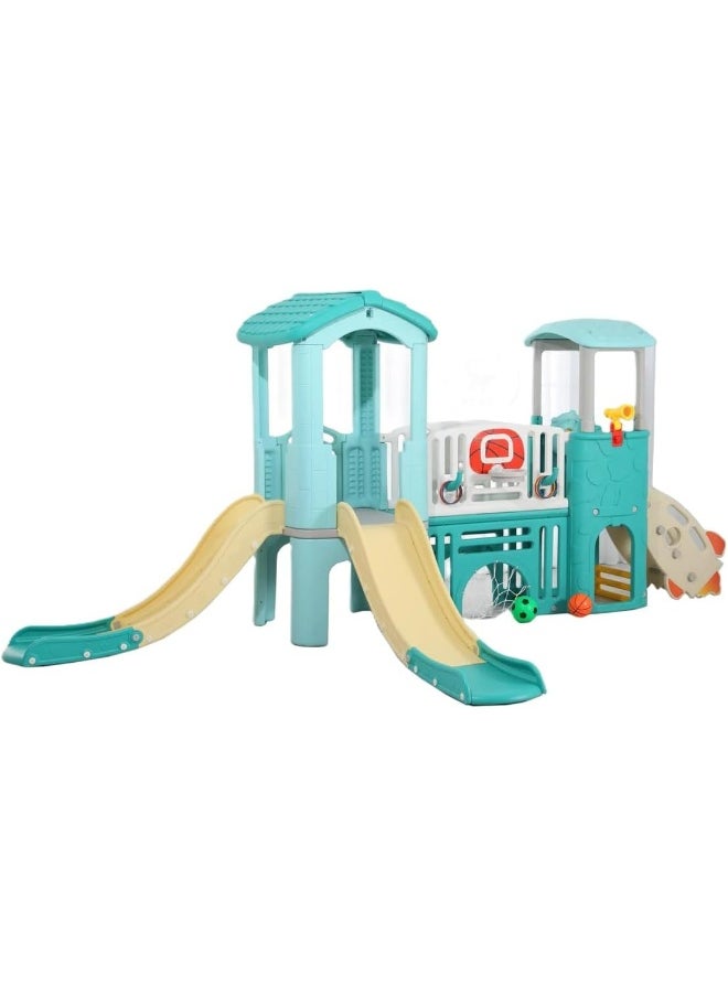 Rainbow Toys - Baby plastic playhouses children Outdoor and Indoor Playground For Backyard, Playhouses with Steps, Bridge and Two Slides - Image 1
