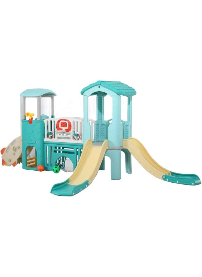 Rainbow Toys - Baby plastic playhouses children Outdoor and Indoor Playground For Backyard, Playhouses with Steps, Bridge and Two Slides - Image 1