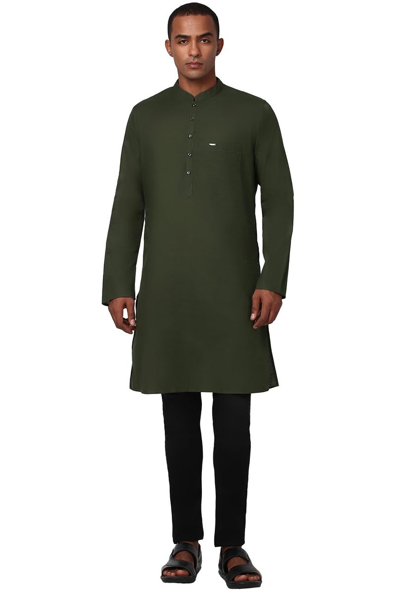 Peter England Men's Everyday Festive Solid Long Kurta Cotton Dark Green - Image 5