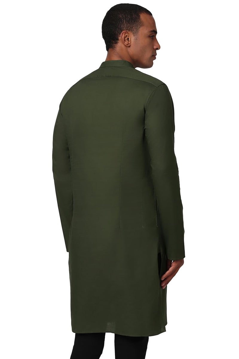 Peter England Men's Everyday Festive Solid Long Kurta Cotton Dark Green - Image 3