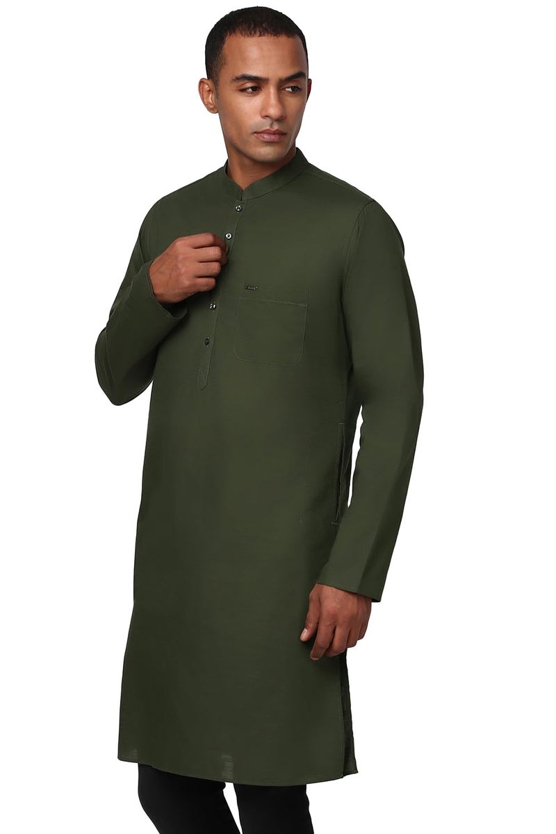 Peter England Men's Everyday Festive Solid Long Kurta Cotton Dark Green - Image 2