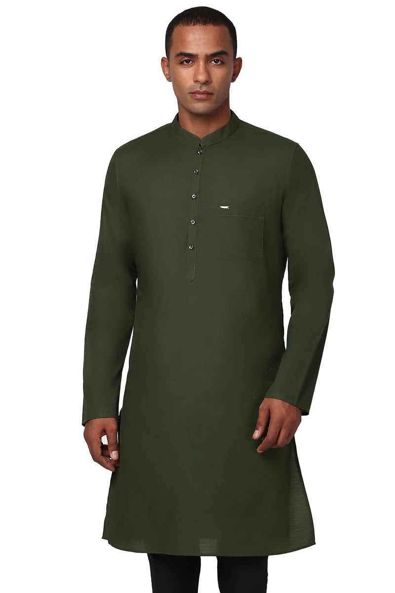 Peter England Men's Everyday Festive Solid Long Kurta Cotton Dark Green - Image 1