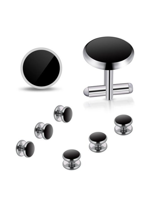 Mens Cufflinks And Studs Set Tuxedo Shirts Cuff Links Black Onyx Cufflinks For Men, Classic Tuxedo Buttons Match For Business Wedding Formal Suit