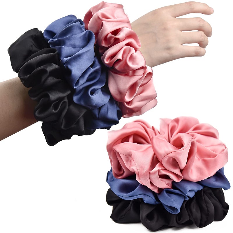 CEELGON Big Real Silk Scrunchies for Women Large Scrunchie Satin Oversized Silk Thick Elastic Hair Ties Jumbo Hair Scrunchies 3 Pack blackpinkblue