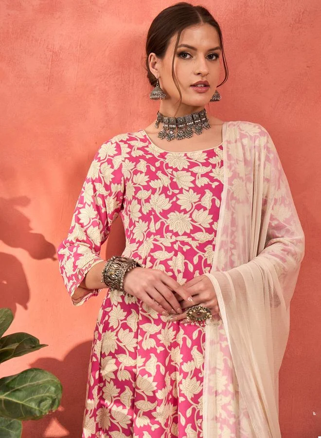 SASSAFRAS SASSAFRAS Pink Floral Rayon Anarkali Kurta with Straight Pants and Dupatta Set