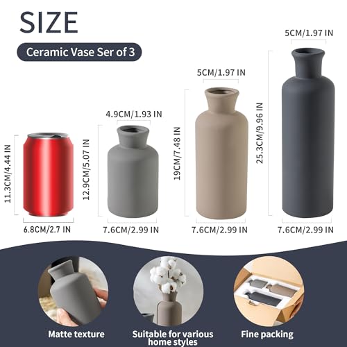 ooit Ceramic Vase Set of 3, Neutral Vases Home Decor Rustic Farmhouse Decor Vase Terra Cotta Pottery Vases for Bouquet Pampas Grass Dried Fresh Flowers Living Room Kitchen Bedroom Bathroom - Multicolor - Image 3