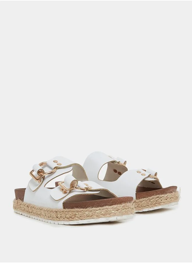 Styli Buckle Accent Dual Strap Slip On Flat Sandals