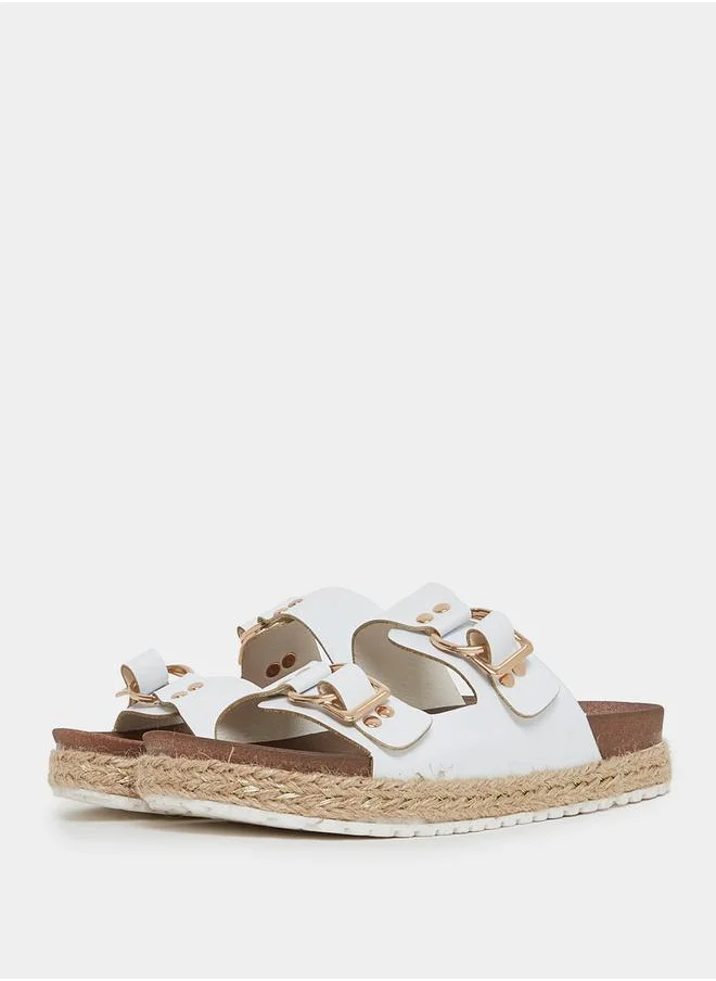 Styli Buckle Accent Dual Strap Slip On Flat Sandals