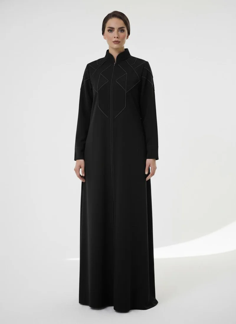 MSquare Fashion Geometric Panelled Design Black Abaya with Plain Chiffon Headscarf