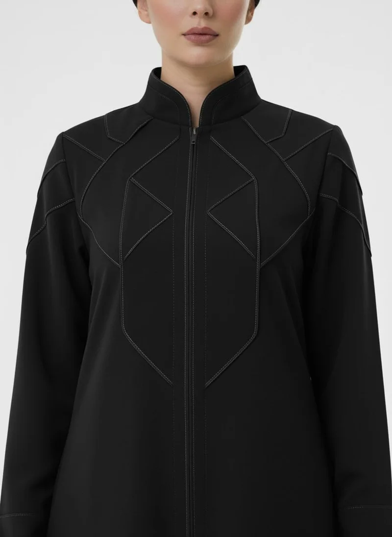 MSquare Fashion Geometric Panelled Design Black Abaya with Plain Chiffon Headscarf
