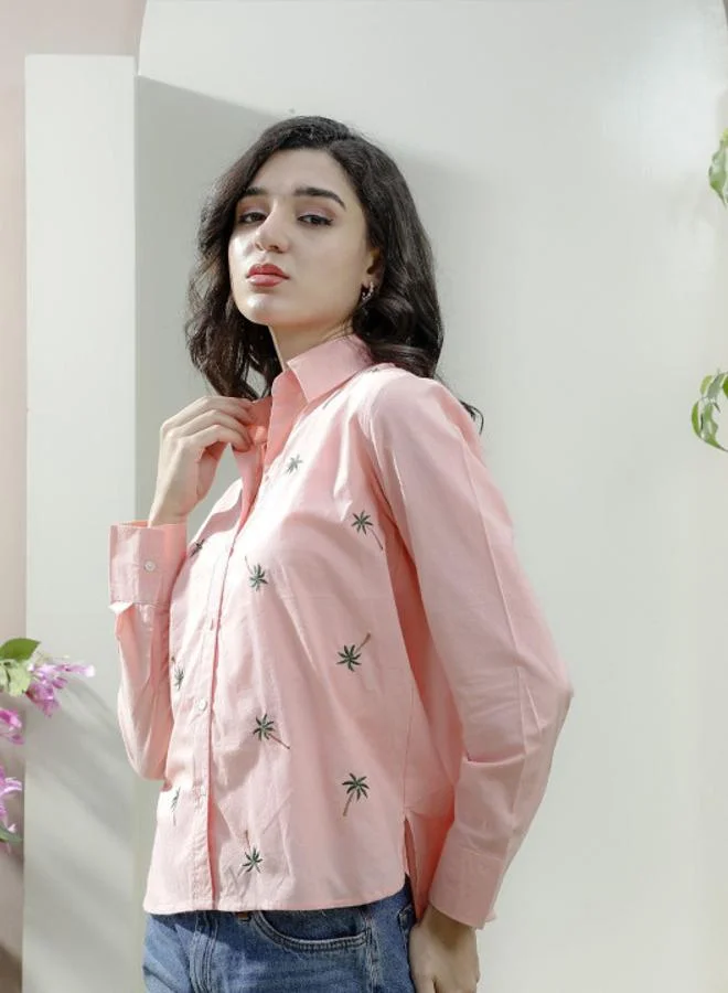 أثينا قميص قطني بأكمام طويلة وتطريز نخلة - خوخي