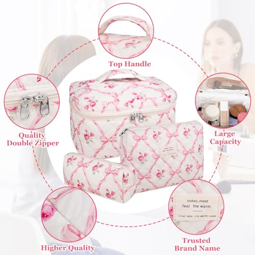 Gosect طقم حقيبة مكياج 3 قطع، حقيبة مكياج مبطنة، حقيبة تجميل زهور كبيرة للنساء، حقائب مكياج قطنية لطيفة، حقيبة تنظيم مستلزمات السفر (زهور وردية) - Image 3