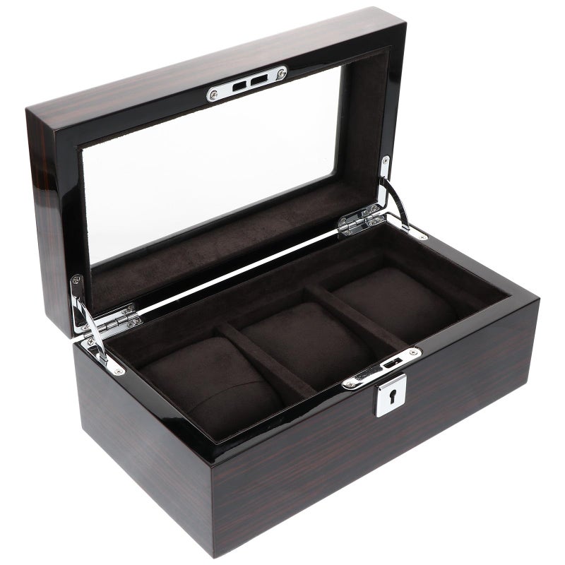 Wooden Watch Display Box with 3 Slots Lockable Jewelry Organizer Case Piano Lacquer Finish - Image 2