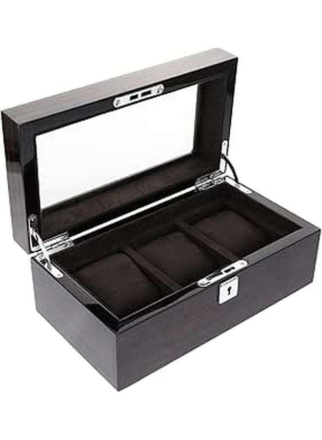Wooden Watch Display Box with 3 Slots Lockable Jewelry Organizer Case Piano Lacquer Finish - Image 1