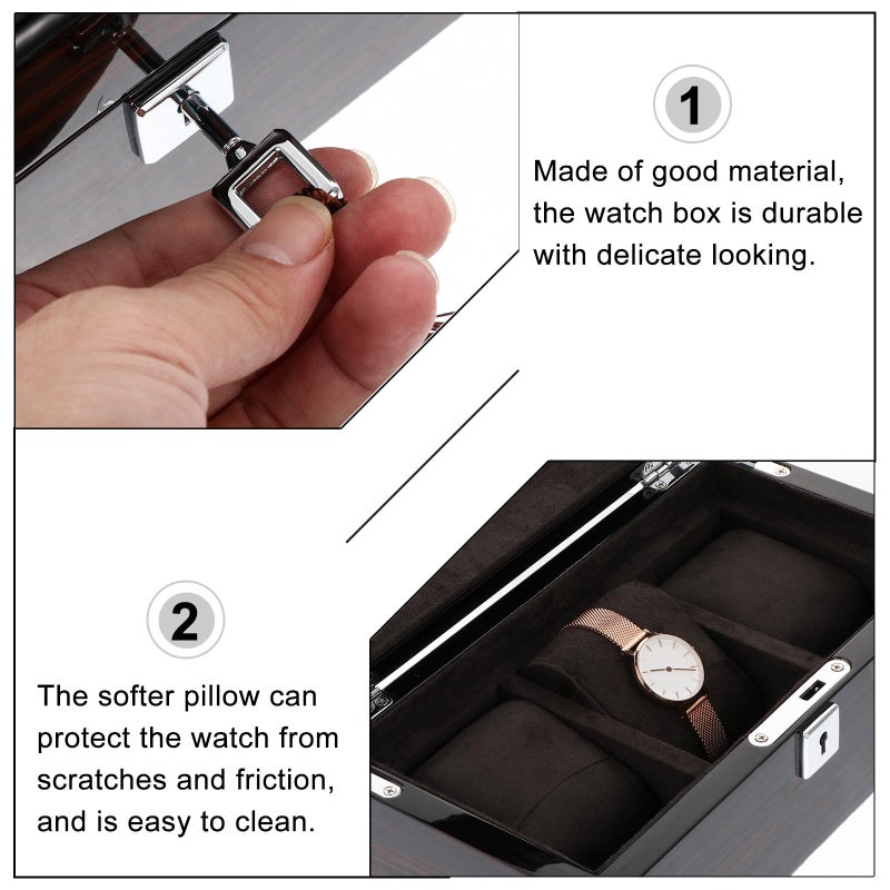 Wooden Watch Display Box with 3 Slots Lockable Jewelry Organizer Case Piano Lacquer Finish - Image 4